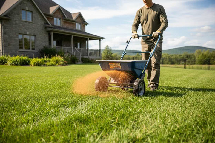 Un homme pousse un épandeur dans un jardin pour répandre de la farine de gluten de maïs afin de réduire les mauvaises herbes indésirables.