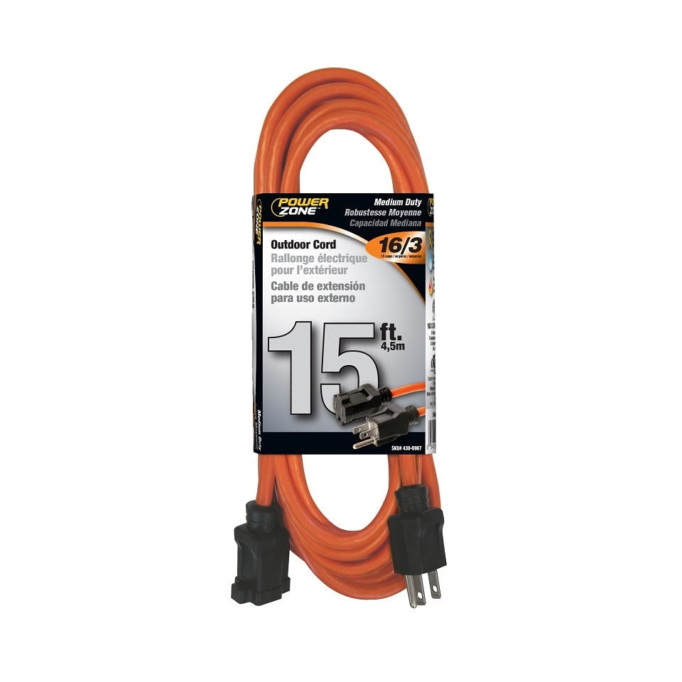 PowerZone - Outdoor Extension Cord, 16 AWG Cable, (125V), Orange 