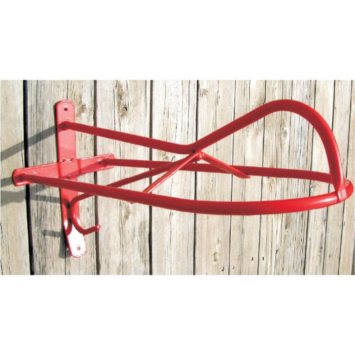 Red wall-mounted western saddle rack