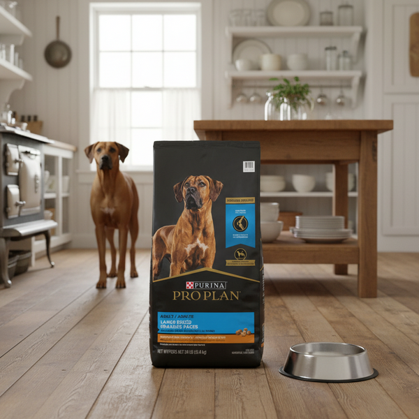 un grand sac de pro plan grande races dans un cuisine