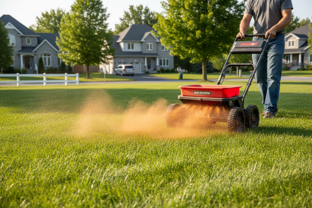 Du gluten de maïs est répandu sur une pelouse résidentielle au Québec pour empêcher la pousse des mauvaises herbes.