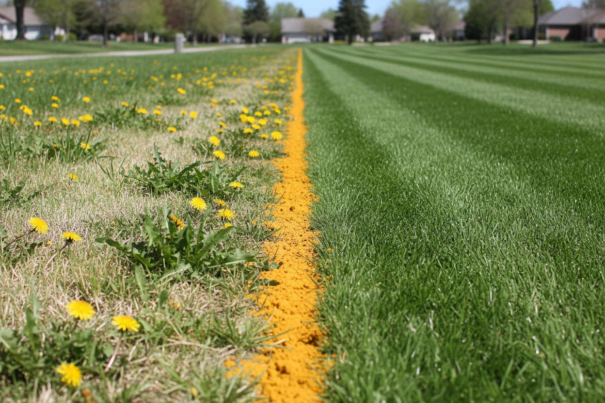 a-lawn-with-a-line-of-yellow-orange-powder-down-the-middle-with-one-side-a-lawn-with-dandelion-and-other-weeds-growing-and-the-other-side-of-the-line-a-pure-golf-club-style-lawn-with
