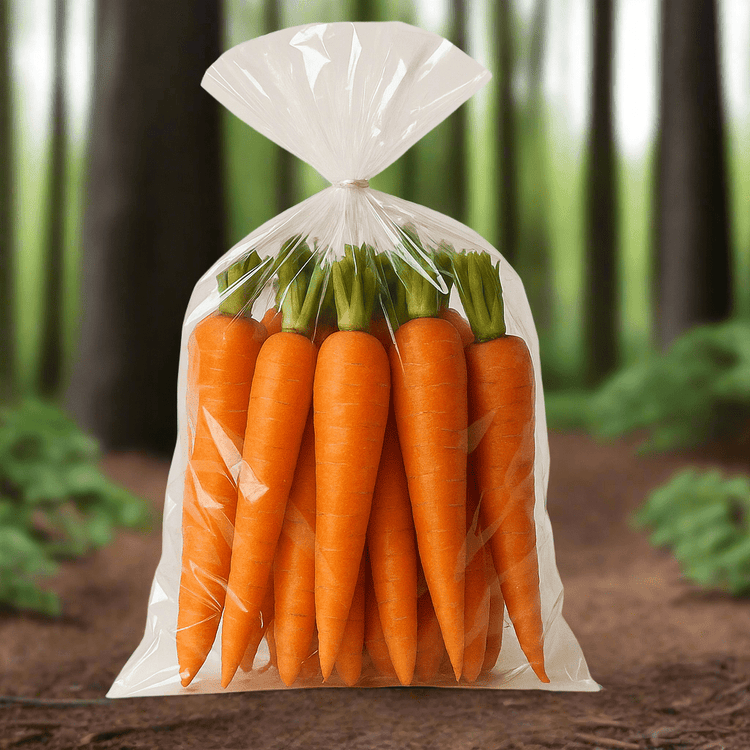 a tied plastic bag of carrots
