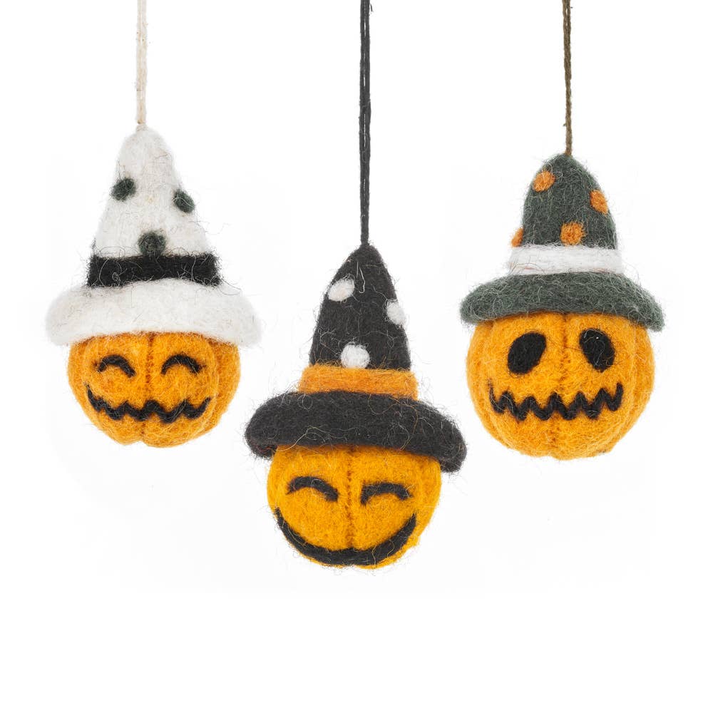 Trio of Handmade Felt Pumpkin Balls, Halloween Hanging Decoration