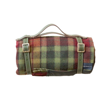 Couverture de pique-nique en laine recyclée avec sangles de transport en cuir, tartan d'automne Buchanan