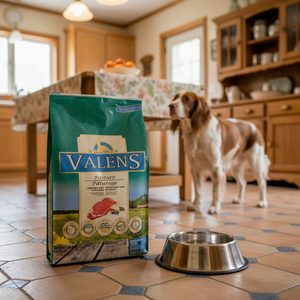 Valens pasture mix dog food in a family kitchen with a french spaniel dog in the background