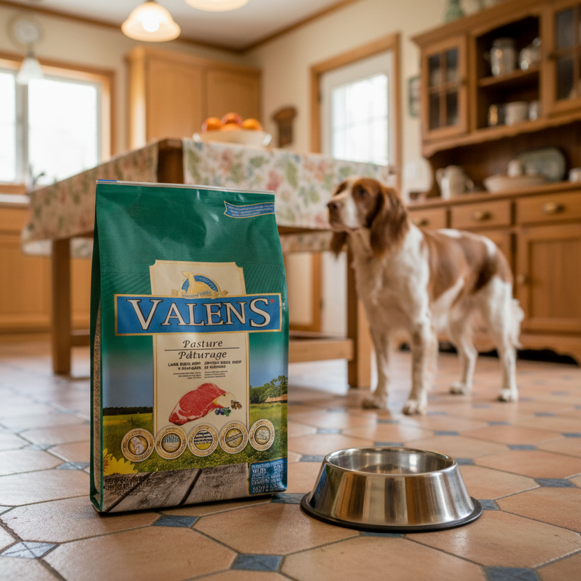 Valens pasture mix dog food in a family kitchen with a french spaniel dog in the background
