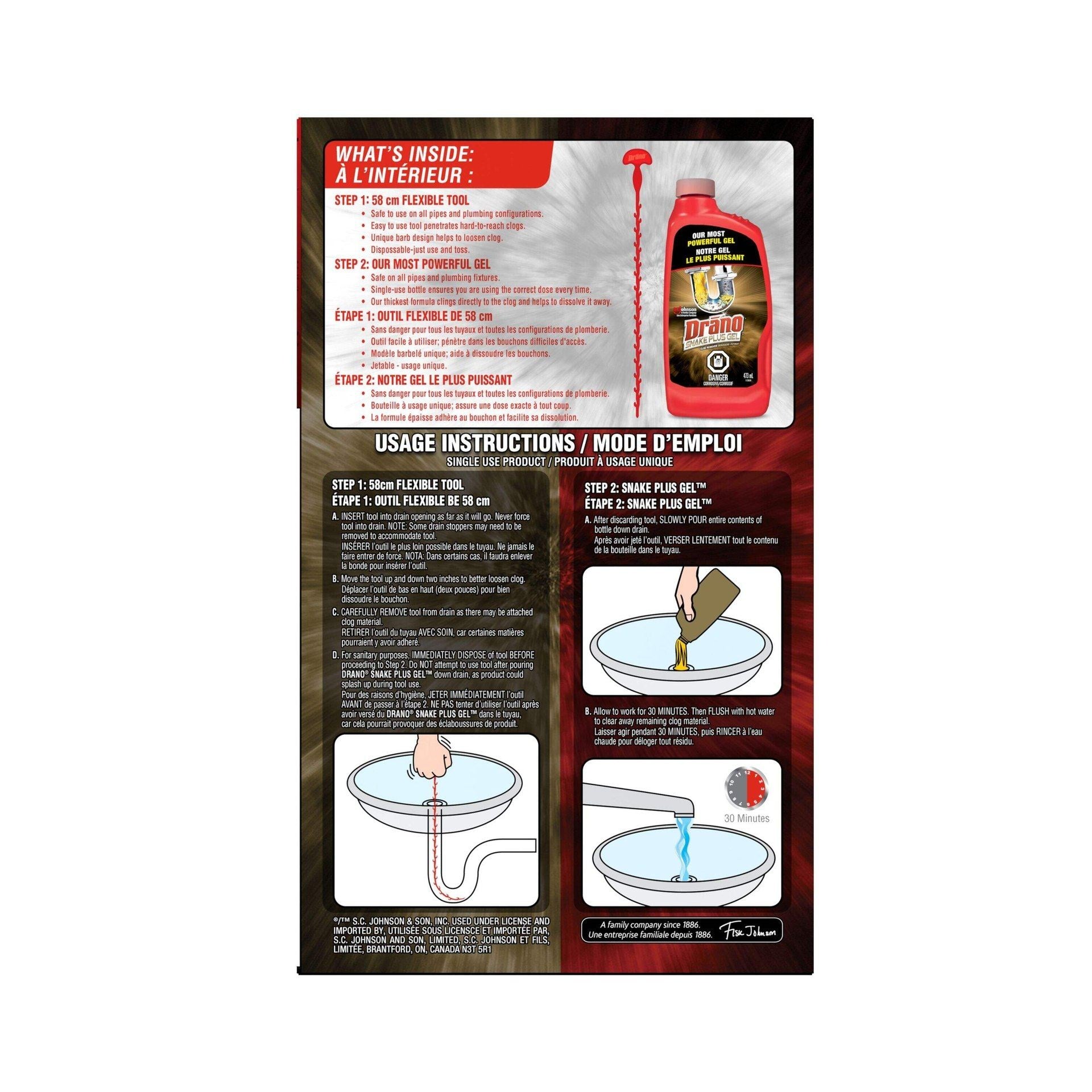 Trousse de nettoyage de drain et débouche-tuyau Drano Snake Plus, nettoyant de drain en gel de 473 mL - Drano