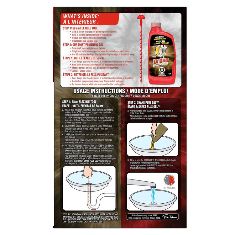 Trousse de nettoyage de drain et débouche-tuyau Drano Snake Plus, nettoyant de drain en gel de 473 mL - Drano
