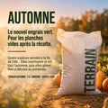 Sac d'engrais vert TERRAIN AUTOMNE avec texte explicatif : nouvel engrais vert pour les planches vides après la récolte