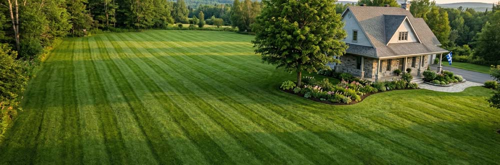Vue aérienne d'une pelouse verte impeccable devant une maison québécoise