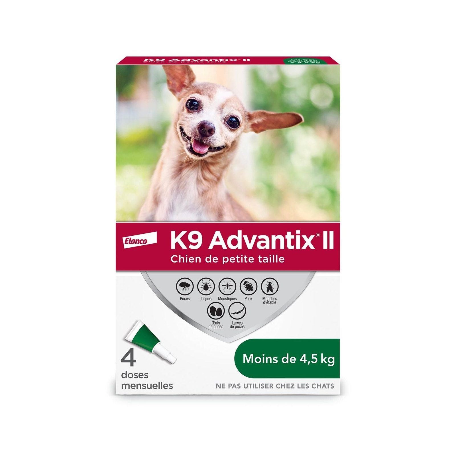 Protection topique K9 Advantix® II, puces et tiques pour chiens de moins de 4,5 kg, 4 un - Elanco