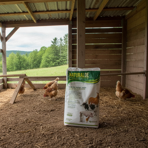 un sac de terre de diatomee dans un poulailler dans les cantons de l'est, québec