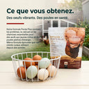 Notre formule Ponte Plus contient les protéines, le calcium et les vitamines essentielles pour des oeufs riches.